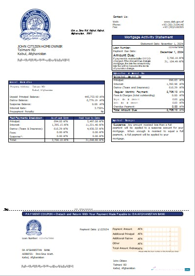 Download Afghanistan Da Afghanistan Bank mortgage statement scr Photoshop template